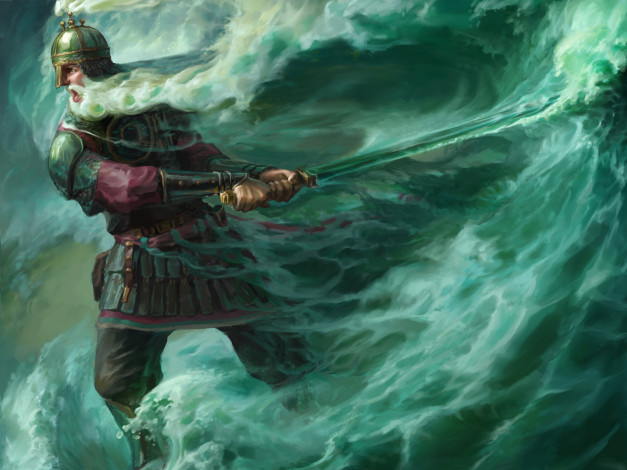 Обои картинки фото фэнтези, люди, сказка, черномор, лукоморье, арт, меч, волны, море