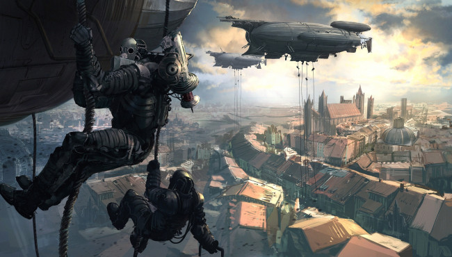 Обои картинки фото фэнтези, роботы,  киборги,  механизмы, thomas, perdido, street, station, высадка, город