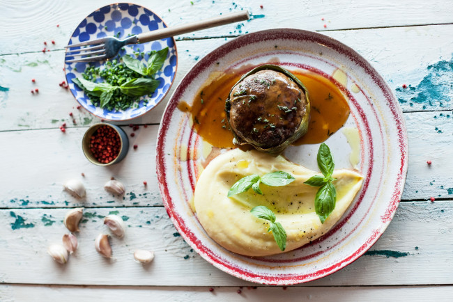 Обои картинки фото еда, вторые блюда, зелень, обед, вкусно, пюре