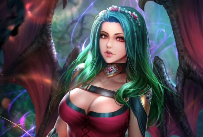 Обои картинки фото фэнтези, вампиры, взгляд, вампир, платье, девушка, evelyn, грудь, суккуб