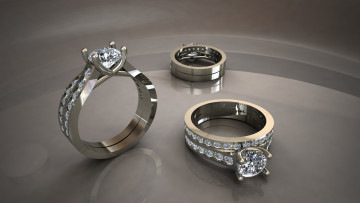 Картинка 3д+графика другое+ other перстни белое золото отражения блеск металла серый фон бриллианты мерцание драгоценных камней