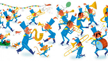 Картинка музыка -рисованные +графика оркестр барабан труба мужчина обезьяна