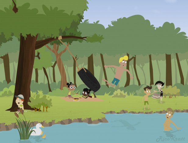 Обои картинки фото векторная графика, дети , children, река, лес, дети