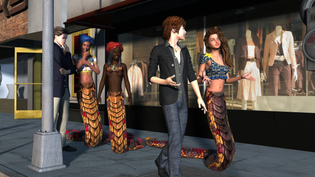 Обои картинки фото 3д графика, существа , creatures, девушки, взгляд, фон