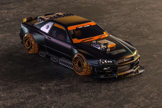 Обои картинки фото nissan skyline gt-r r34, автомобили, 3д, nissan, skyline, gtr, r34, godzilla, годзилла, japan, японская, legend, легенда