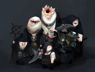 Картинка фэнтези существа монстры плащи оружие семья