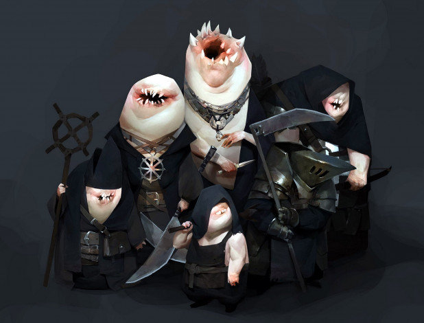 Обои картинки фото фэнтези, существа, монстры, плащи, оружие, семья