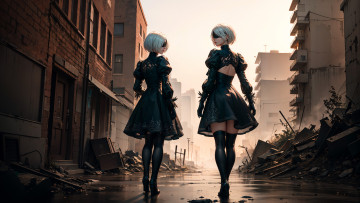 обоя видео игры, nier,  automata, нейросети, графика, нейроарт, ai, art, нейронные, сети, рисунки, нейро, искусство, нейрографика, graphics, neuroart, neural, networks, drawings, neuro, neurography