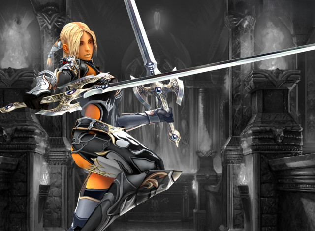 Обои картинки фото видео игры, lineage ii,  the chaotic chronicle, девушка, блондинка, мечи, броня, колонны