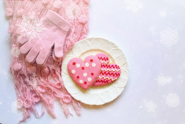 Обои картинки фото 3д графика, праздники , holidays, шарф, перчатки, снежинки, тарелка, пряники, сердечки