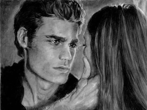 Обои картинки фото рисованные, люди, дневники, вампира, стефан, сальваторе, елена, гилберт, парень, девушка