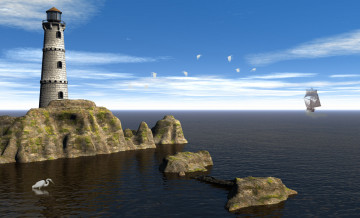 Картинка the lighthouse 3д графика nature landscape природа цапля маяк парусник