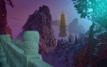 Картинка huangshang winter 3д графика nature landscape природа зима дворец деревья парапет