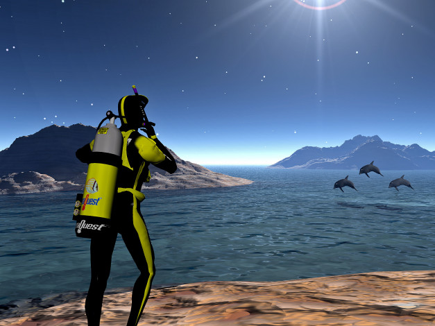 Обои картинки фото 3д, графика, другое, водолаз, дельфины, море