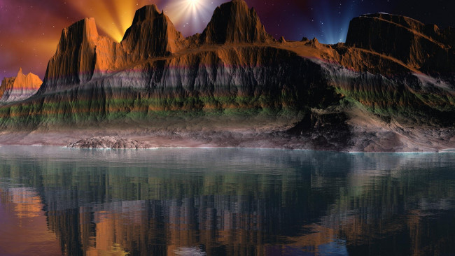 Обои картинки фото fantasy, canyon, landscape, 3д, графика, nature, природа, каньон, скалы, река, сияние, отражение