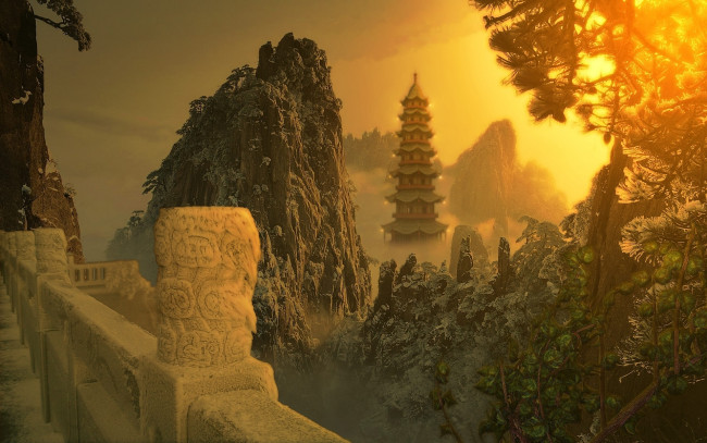 Обои картинки фото huangshang, winter, 3д, графика, nature, landscape, природа, деревья, парапет, дворец, зима