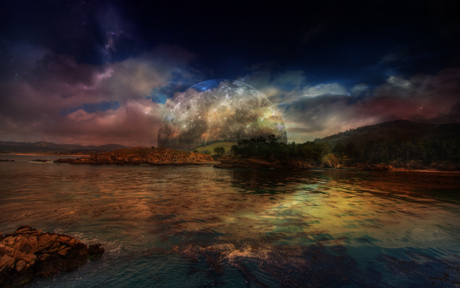 Обои картинки фото moon, over, monterey, bay, разное, компьютерный, дизайн, луна, река, лес, вечер