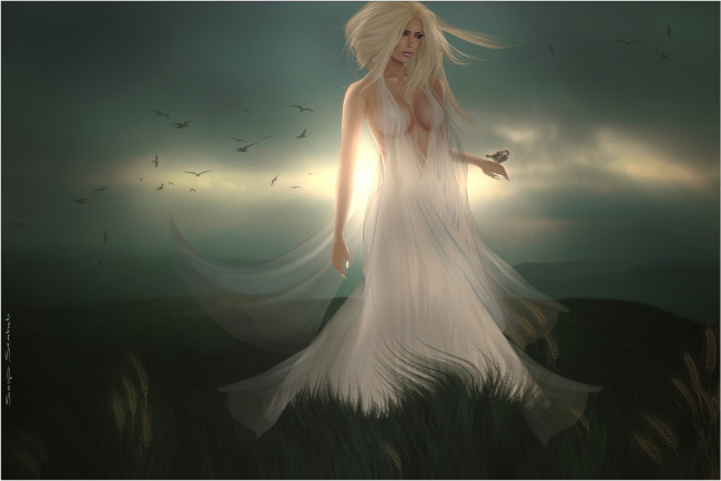 Обои картинки фото 3д, графика, people, люди, блондинка, воробей, платье