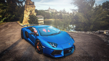 Картинка 2013 lamborghini aventador lp700 автомобили озеро лучи солнца синий blue