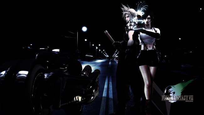 Обои картинки фото видео, игры, final, fantasy, vii, улица, ночь, девушка, мальчик