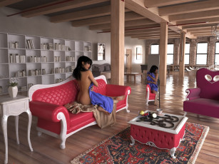 Картинка 3д+графика люди+ people диван интерьер фон взгляд девушка подушка