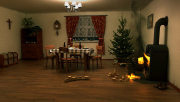 Картинка 3д+графика реализм+ realism стол ель комната шторы окно часы комод интерьер камин