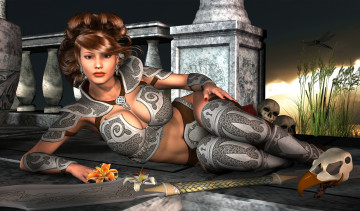 Картинка 3д+графика фантазия+ fantasy цветок черепа фон взгляд девушка