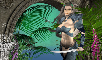 Картинка 3д+графика фантазия+ fantasy стрекозы цветы оружие фон взгляд девушка