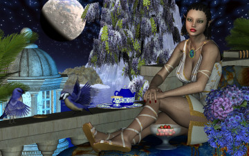 Картинка 3д+графика люди+ people луна ягоды цветы птицы фон взгляд девушка