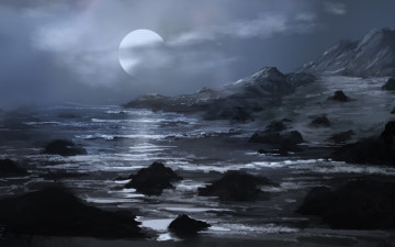 Картинка рисованное природа нарисованный пейзаж море полнолуние горы скалы камни облака