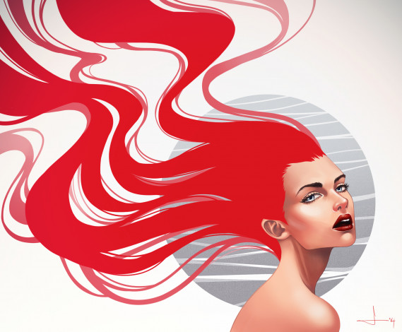 Обои картинки фото рисованное, люди, красные, волосы, плечи, губы, взгляд, макияж, фон