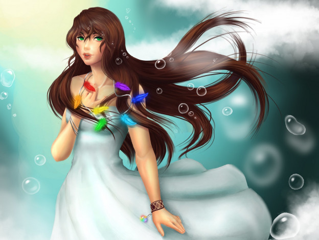 Обои картинки фото рисованное, люди, зеленые, глаза, взгляд, девушка, перья, платье, волосы