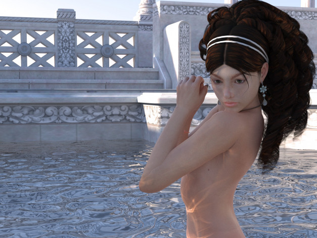 Обои картинки фото 3д графика, люди , people, бассейн, фон, взгляд, девушка