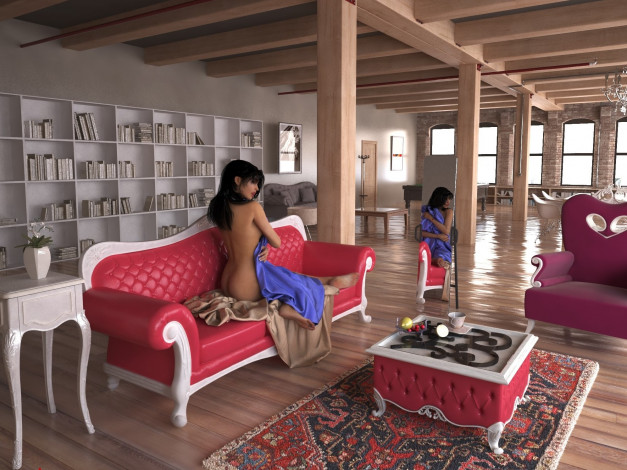 Обои картинки фото 3д графика, люди , people, диван, интерьер, фон, взгляд, девушка, подушка