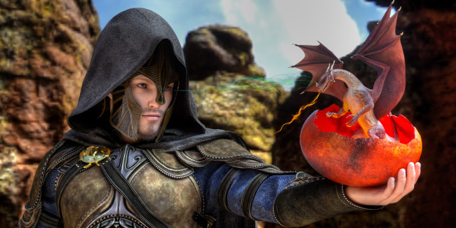 Обои картинки фото 3д графика, фантазия , fantasy, дракон, фон, взгляд, мужчина