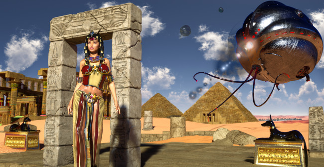 Обои картинки фото 3д графика, фантазия , fantasy, пирамиды, фон, взгляд, девушка