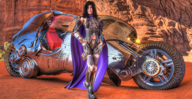 Обои картинки фото 3д графика, фантазия , fantasy, мотоцикл, фон, взгляд, девушка