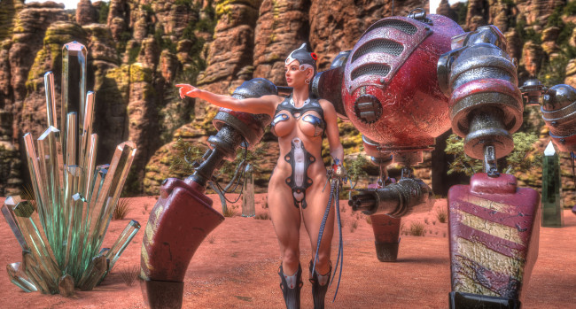 Обои картинки фото 3д графика, фантазия , fantasy, кристалы, фон, взгляд, девушка