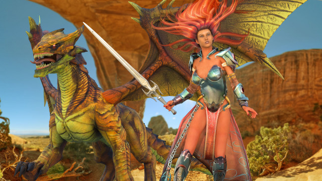 Обои картинки фото 3д графика, эльфы , elves, дракон, оружие, фон, взгляд, эльфийка