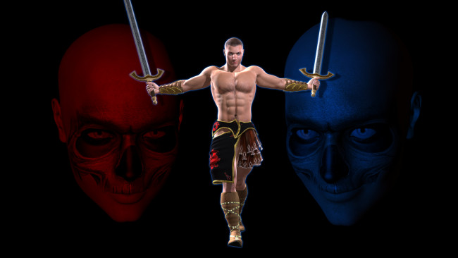 Обои картинки фото 3д графика, фантазия , fantasy, оружие, демоны, фон, взгляд, мужчина