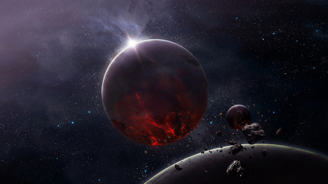 Обои картинки фото космос, арт, метеориты, галактика, планета, звезды, вселенная