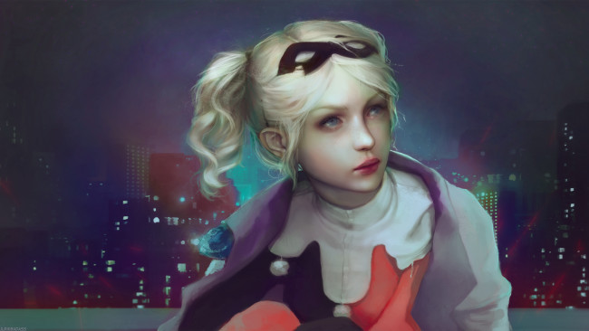 Обои картинки фото рисованное, люди, девушка, блондинка, взгляд, окно, город, вечер