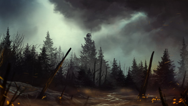 Обои картинки фото рисованное, природа, ночь, лес