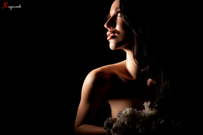 Обои картинки фото девушки, -unsort , брюнетки,  шатенки, черный, фон, улыбка, свет, цветы, профиль