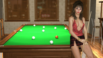 Картинка 3д+графика люди+ people кий стол бильярд шары интерьер фон девушка взгляд