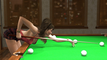 Картинка 3д+графика люди+ people шары интерьер стол фон девушка взгляд кий бильярд