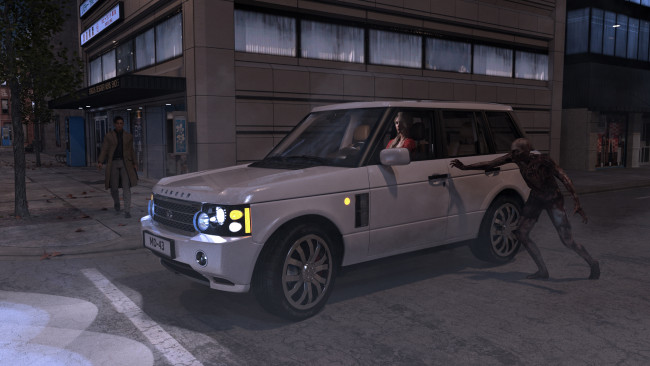 Обои картинки фото 3д графика, фантазия , fantasy, зомби, взгляд, девушка, автомобиль, фон