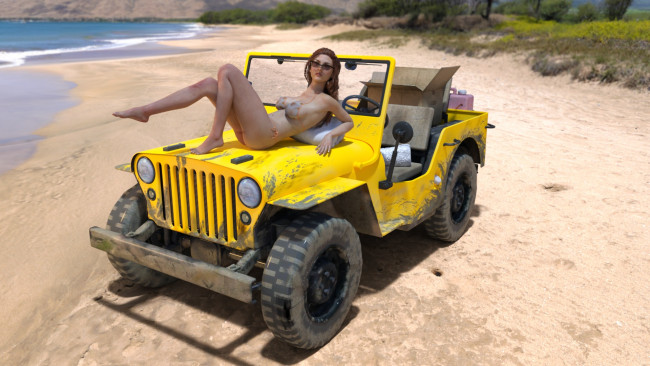 Обои картинки фото 3д графика, люди-авто, мото , people- car ,  moto, девушка, автомобиль, фон, взгляд