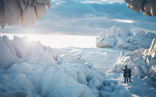 Обои картинки фото разное, компьютерный дизайн, снег, белые, медведи, люди, полюс, лед