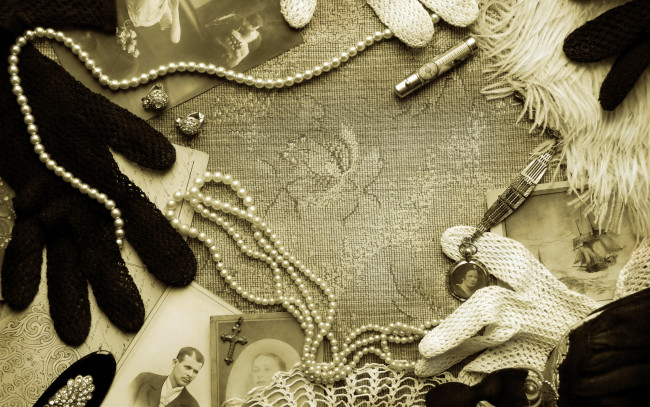 Обои картинки фото разное, ретро,  винтаж, перчатки, старина, фото, клипсы, бусы